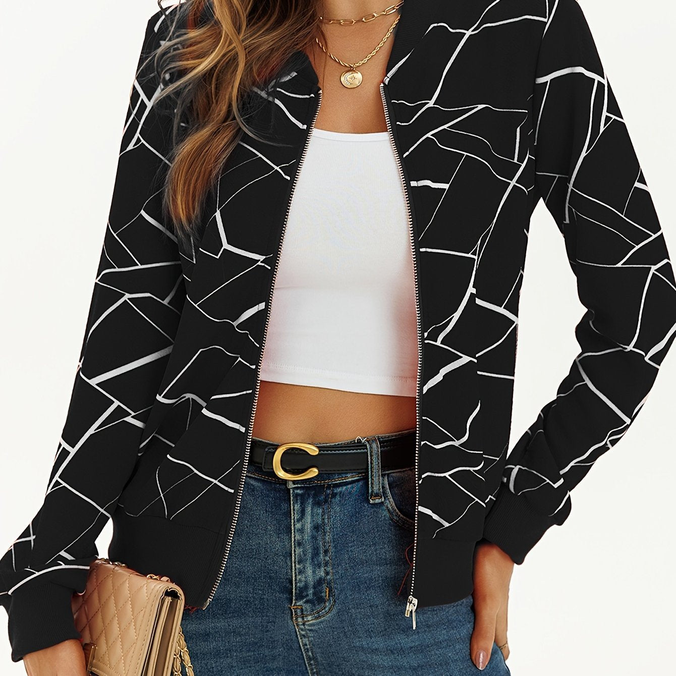 Stylish Long Sleeve Allover Print Zip Up Jacket Elegant