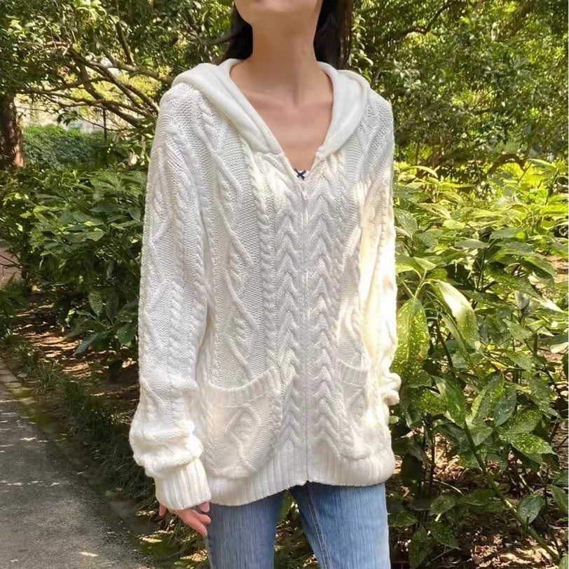 Retro Twist Hooded Women's Loose-fitting Versatile Sweater Zipper Jacket