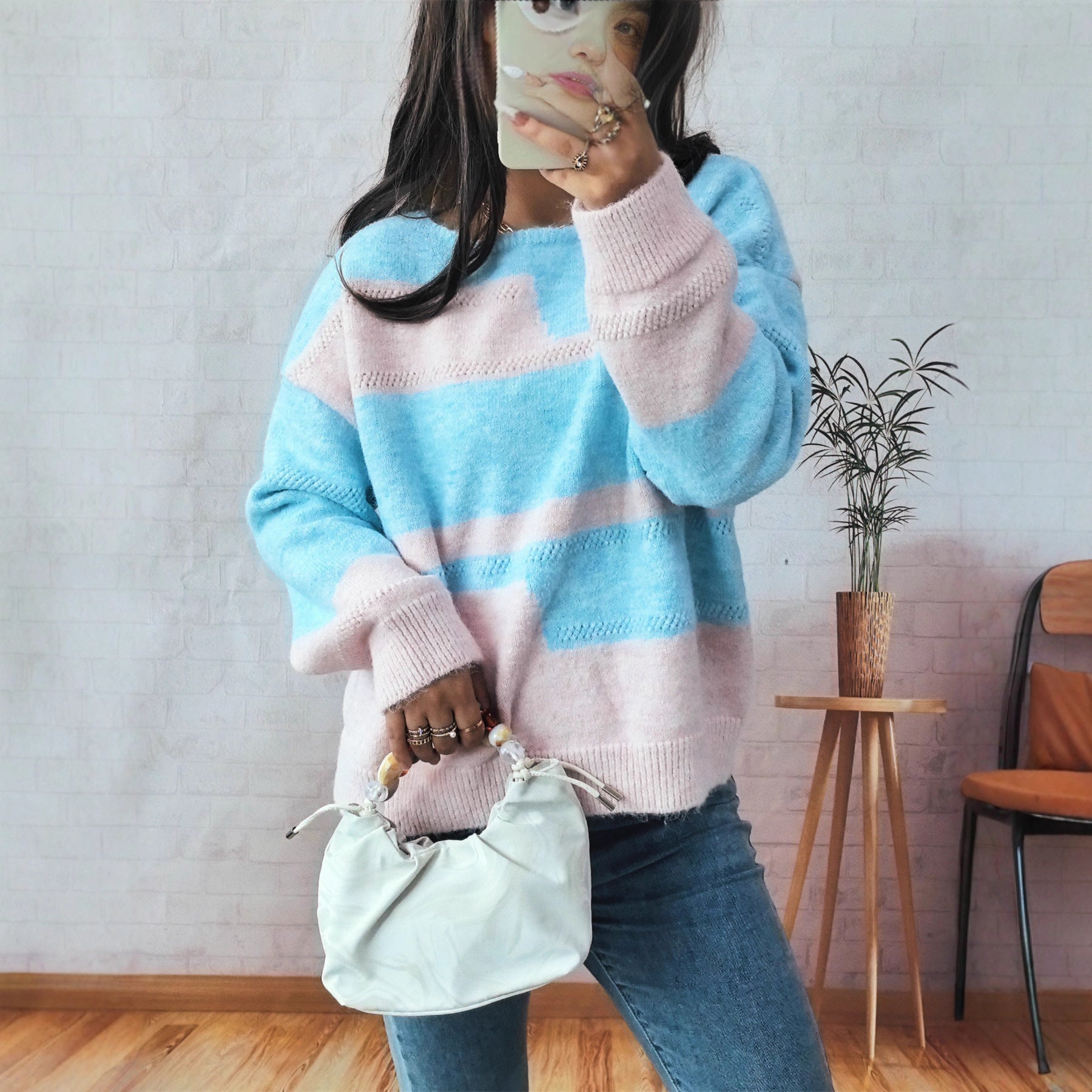 Simple Commute Irregular Contrast Color Round Neck Long Sleeve Sweater