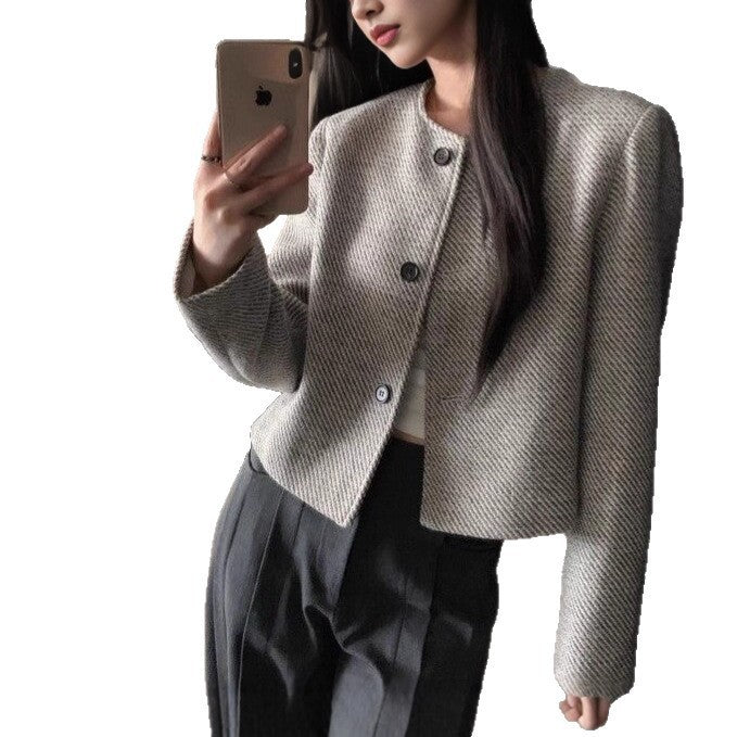 Retro Crew Neck Single Row Top Striped Loose-fitting Short Coat