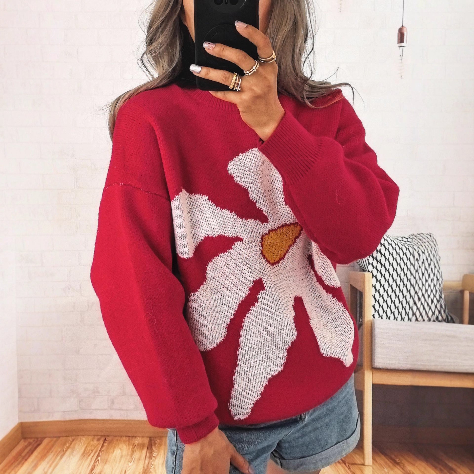 Casual Loose Knitted Round Neck Large Flower Jacquard Contrast Color Sweater