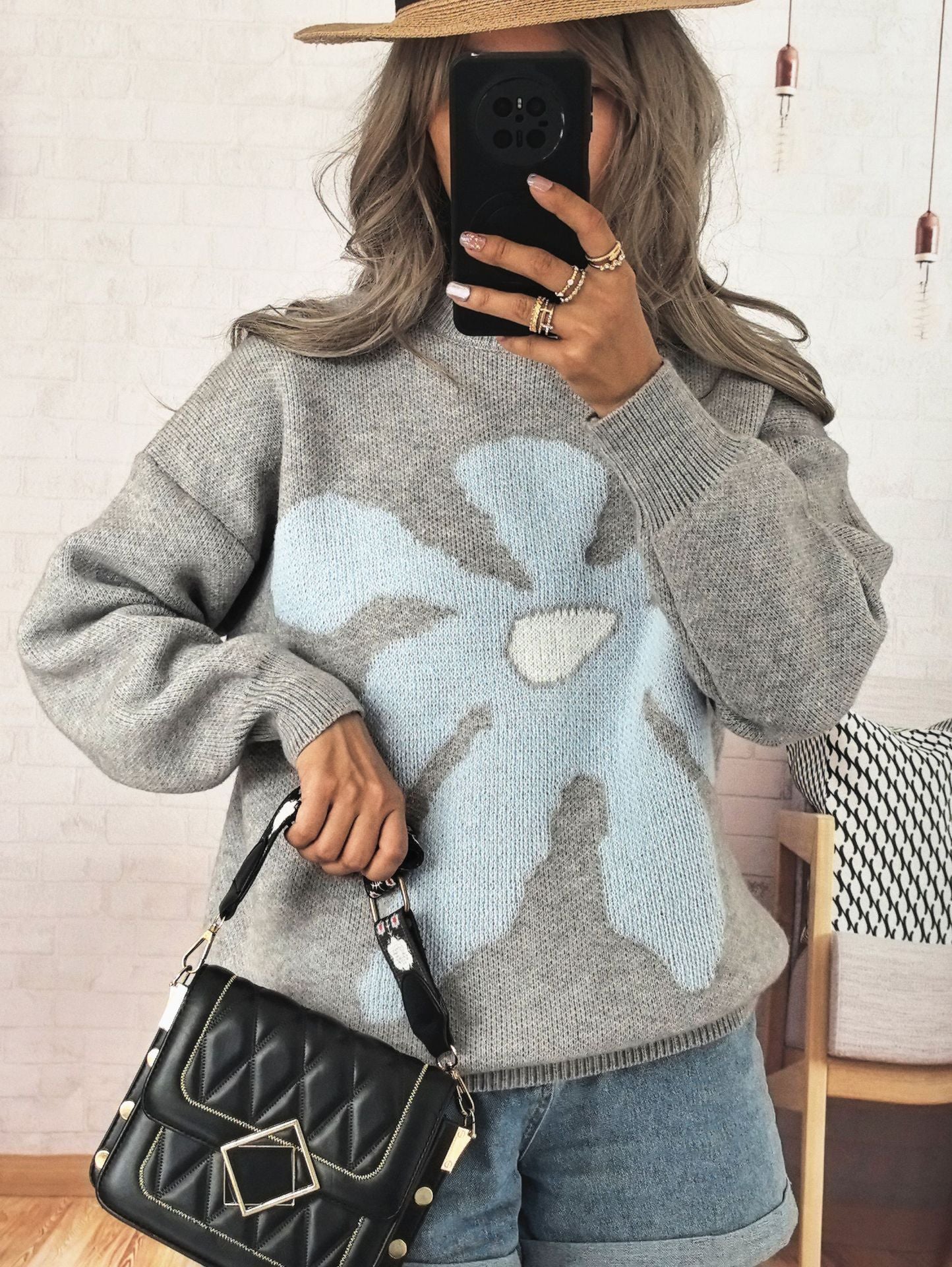 Casual Loose Knitted Round Neck Large Flower Jacquard Contrast Color Sweater