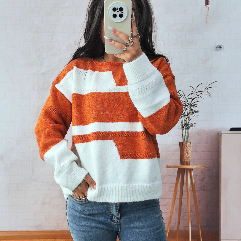 Simple Commute Irregular Contrast Color Round Neck Long Sleeve Sweater