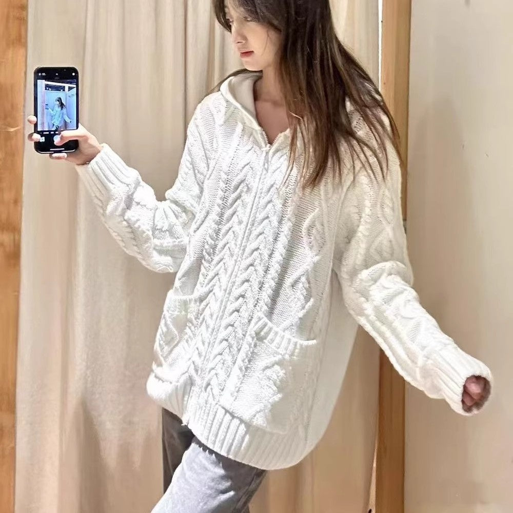 Retro Twist Hooded Women's Loose-fitting Versatile Sweater Zipper Jacket