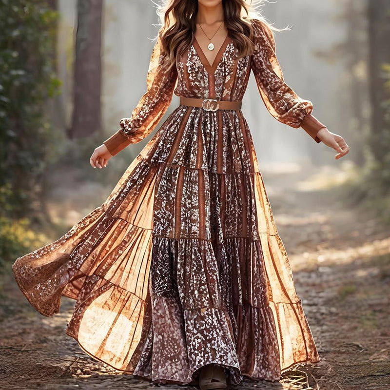 Women's Printed Fashionable V-neck Bohemian Long Dress
