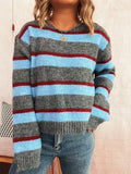 Striped Contrast Color Commuter Knit Casual Round Neck Long Sleeve Sweater