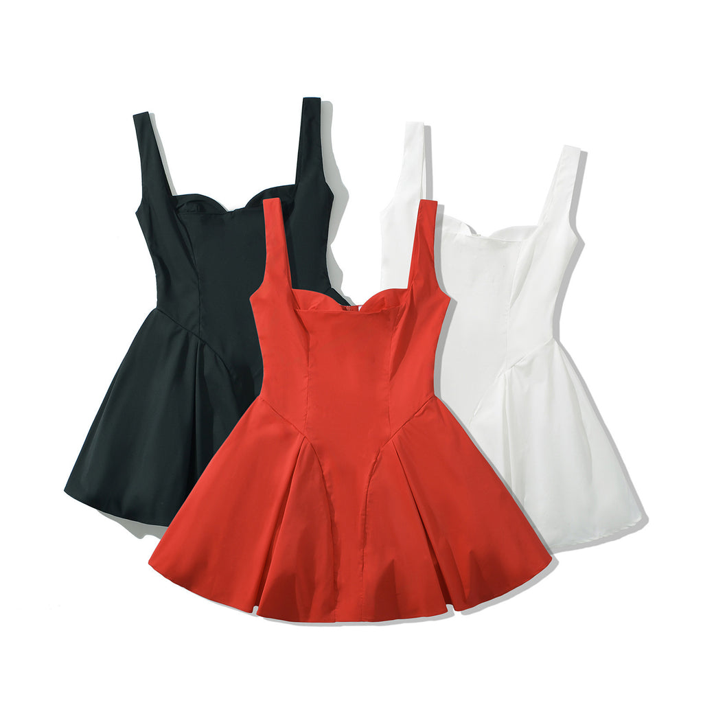 Backless Short Suspender Dress French Square Collar A- Line Mini Skirt