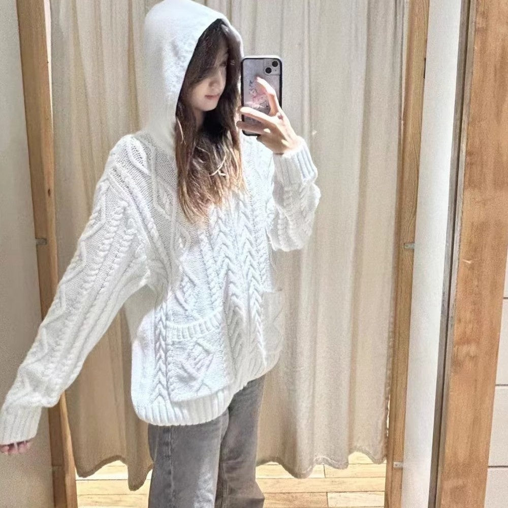 Retro Twist Hooded Women's Loose-fitting Versatile Sweater Zipper Jacket