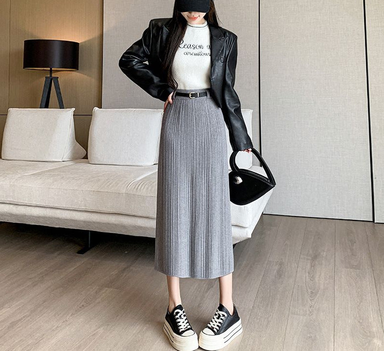 French Stripe Slit Knitted High Waist Sheath Straight Skirt