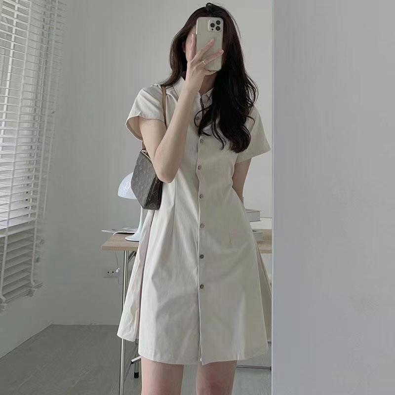 Simple Temperament Lapel Single Breasted Waist Slimming Small Size Dress