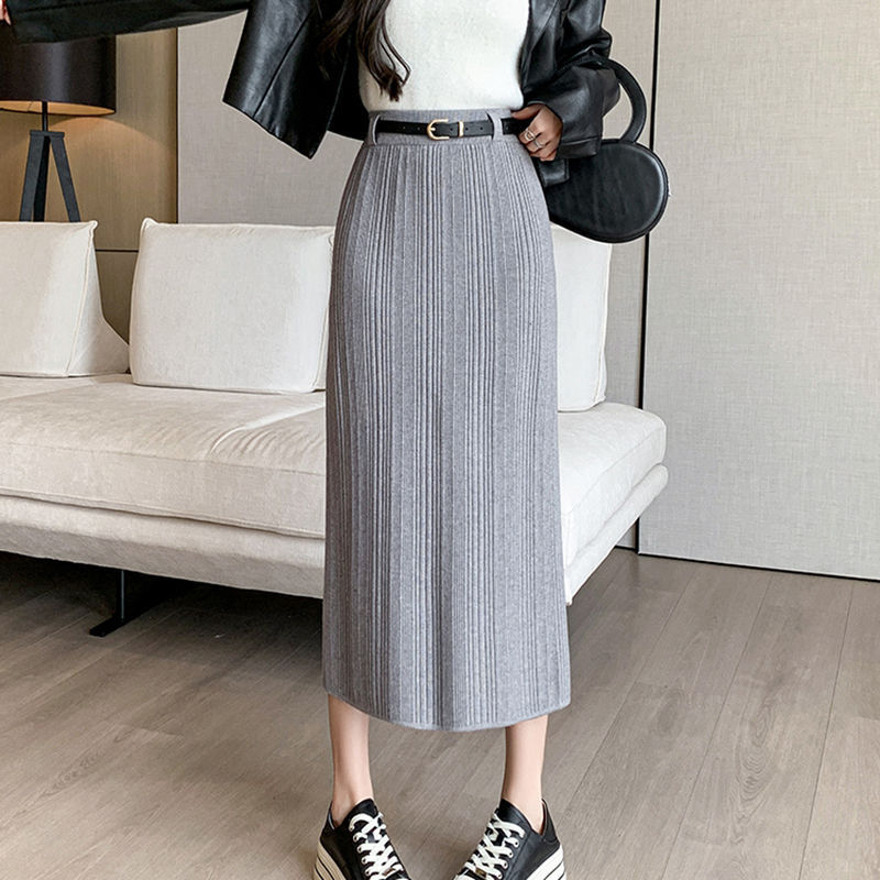 French Stripe Slit Knitted High Waist Sheath Straight Skirt