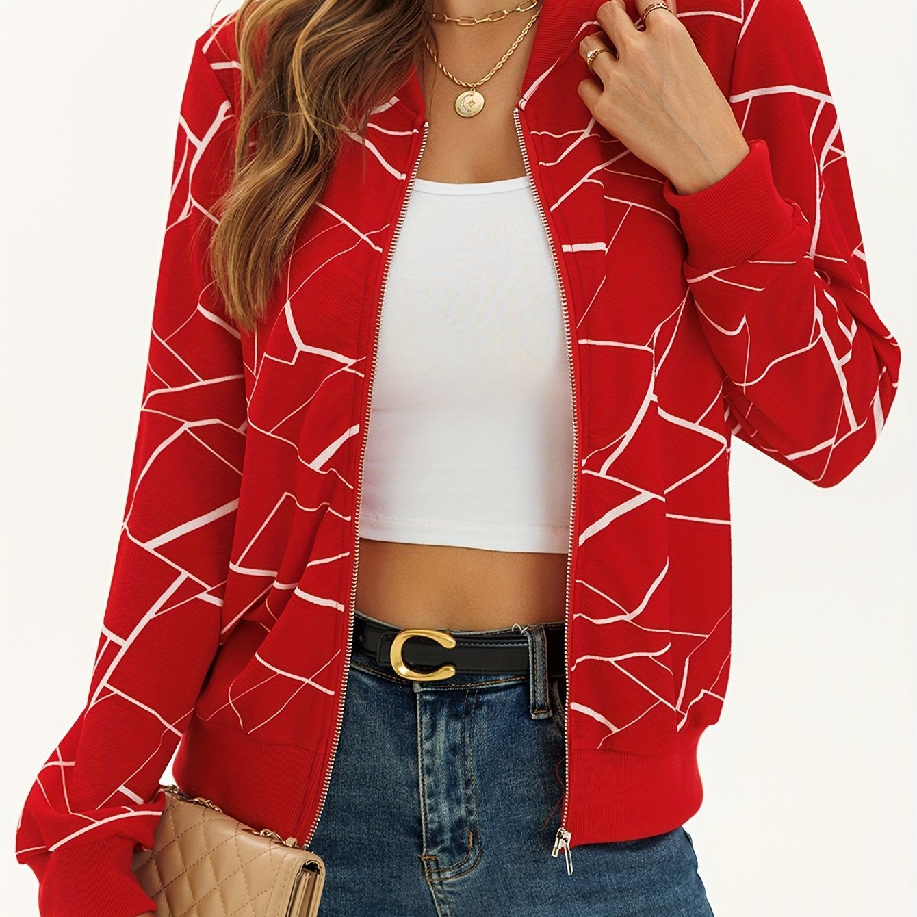 Stylish Long Sleeve Allover Print Zip Up Jacket Elegant
