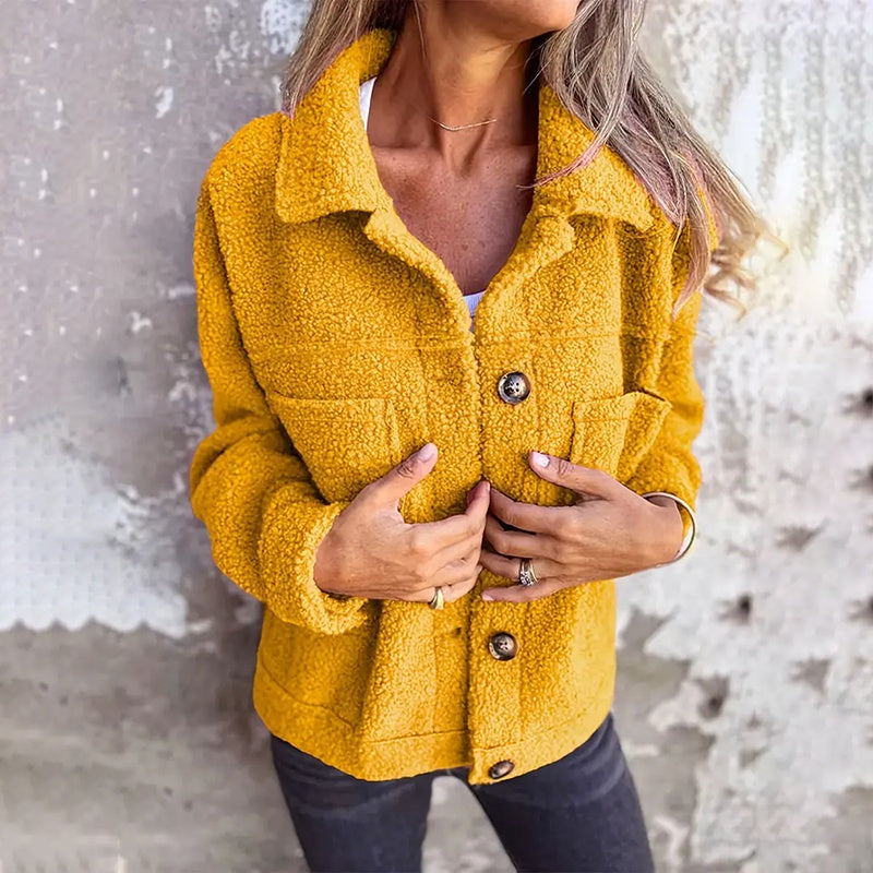 Plus Size Women's Solid Color Sherpa Jacket, Long Sleeve Lapel Single Breasted Fleece Coat With Pockets For Autumn Winter