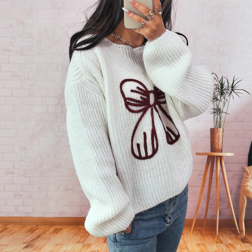 Simple Casual Bow Embroidery Decoration Knitted Long Sleeve Sweater