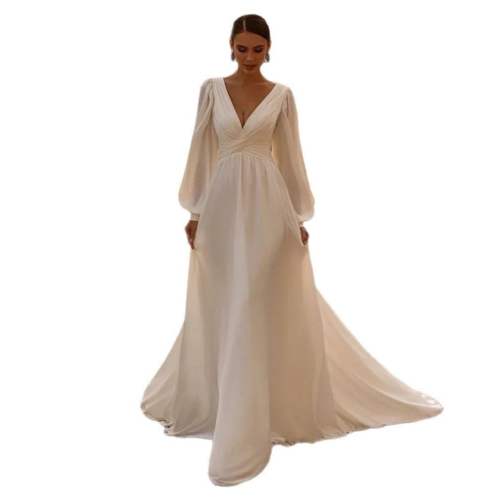 Bridal Chiffon Deep V Satin Long Sleeve Light Yarn Gown