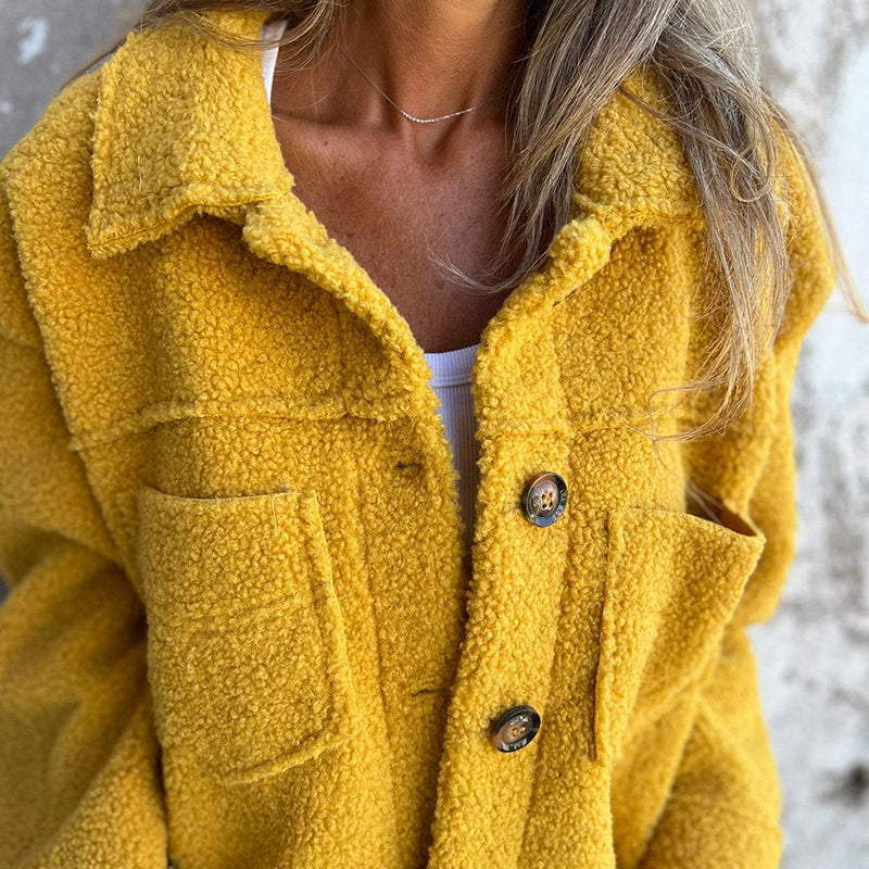 Plus Size Women's Solid Color Sherpa Jacket, Long Sleeve Lapel Single Breasted Fleece Coat With Pockets For Autumn Winter