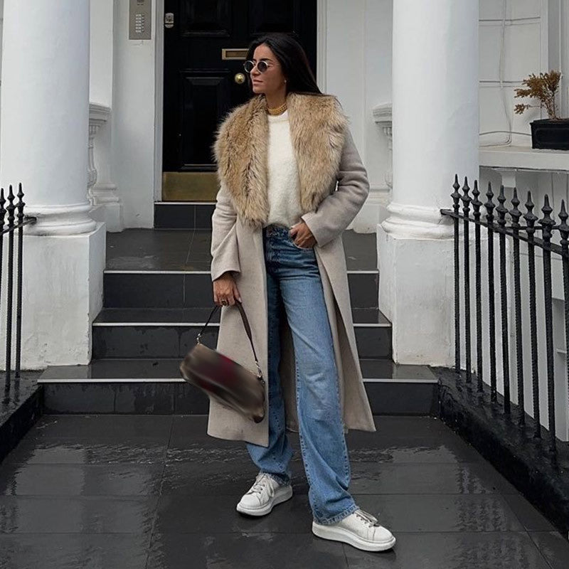 Fur Collar Long Woolen Coat Women