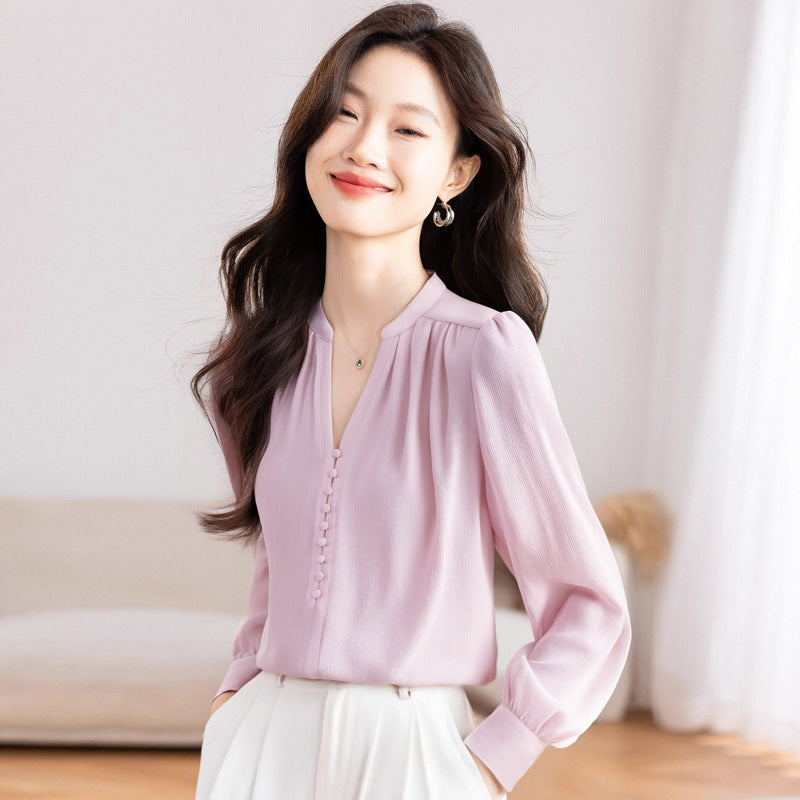 Lady Temperament V-neck Slimming Solid Color Top
