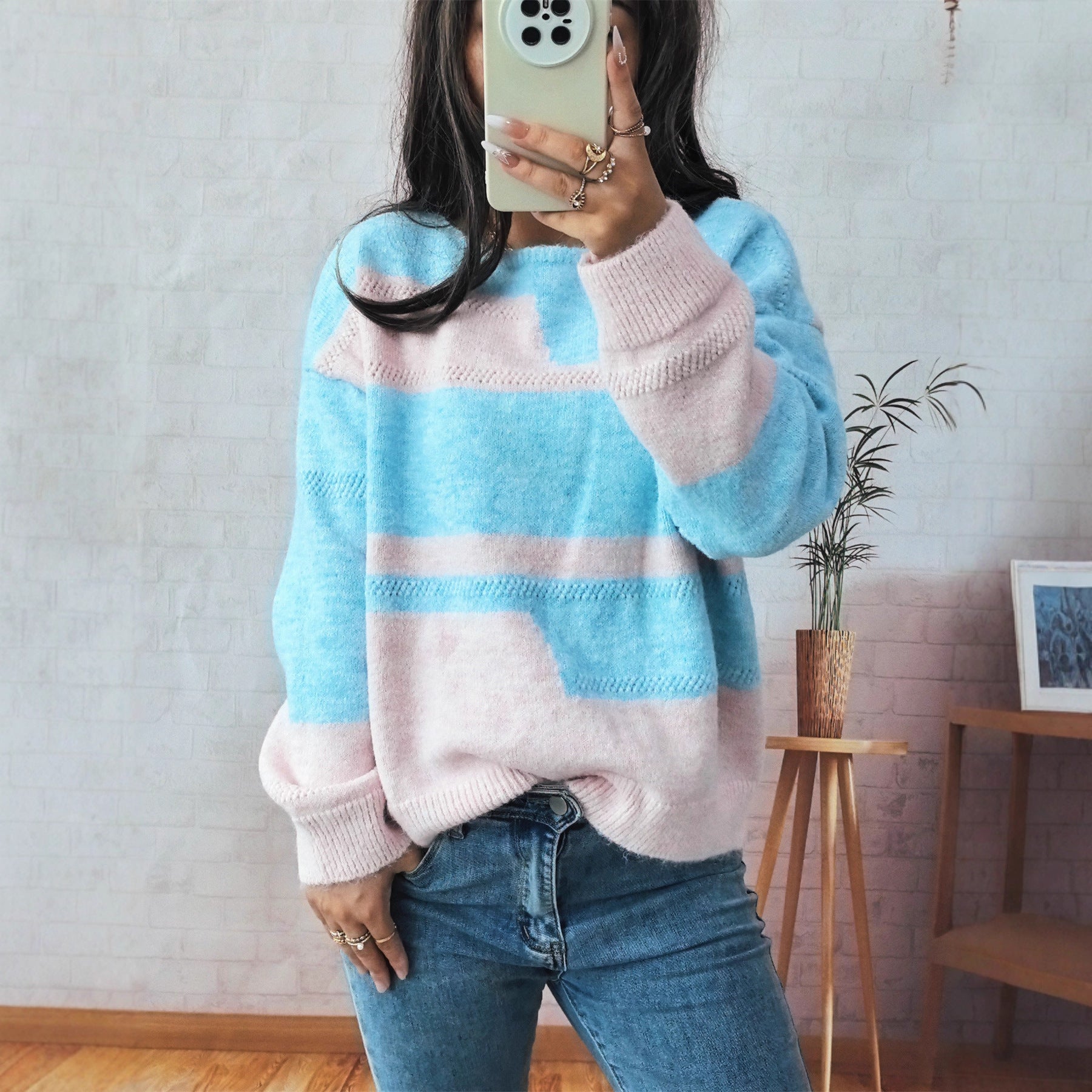 Simple Commute Irregular Contrast Color Round Neck Long Sleeve Sweater