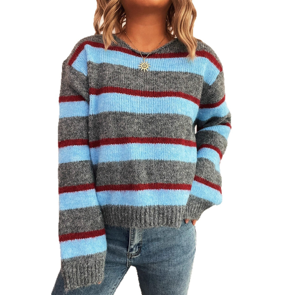 Striped Contrast Color Commuter Knit Casual Round Neck Long Sleeve Sweater