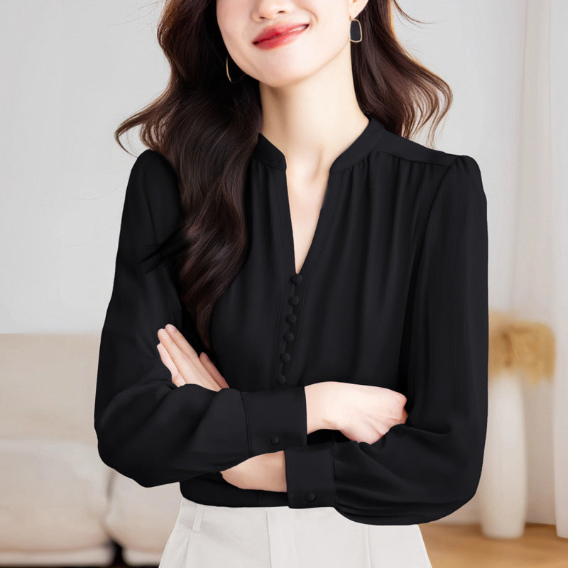 Lady Temperament V-neck Slimming Solid Color Top