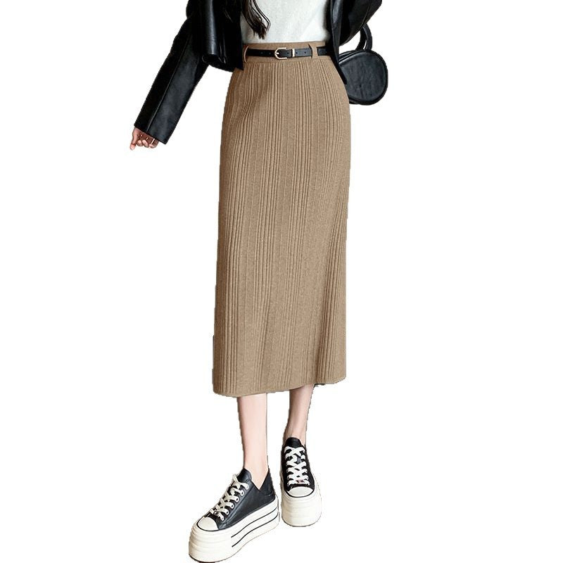 French Stripe Slit Knitted High Waist Sheath Straight Skirt