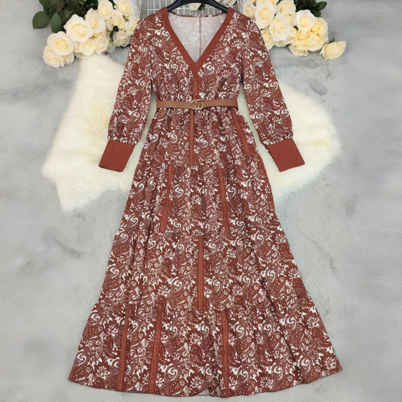 Women's Printed Fashionable V-neck Bohemian Long Dress