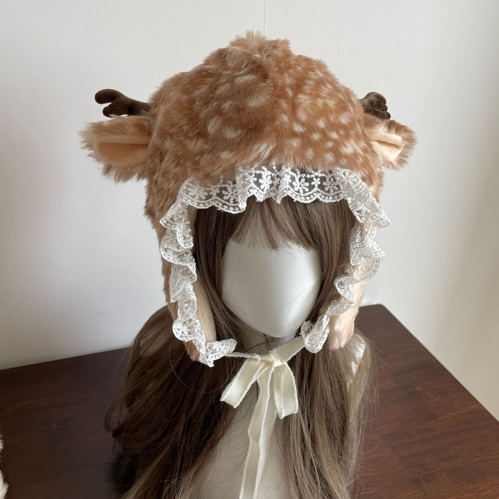 Plush Simulation Cute Lace Elk Thickened Hat Women