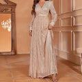 Elegant Dinner Sequined Long Sleeve V-neck High Waist Evening Dress