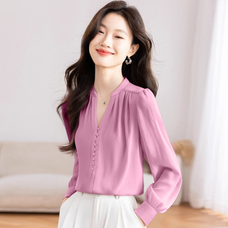 Lady Temperament V-neck Slimming Solid Color Top