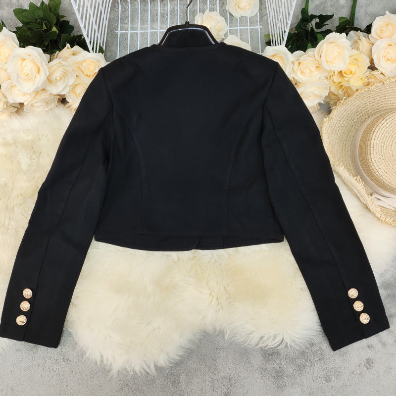 Women's Round Neck Pure Color All-matching Woolen Short Jacket