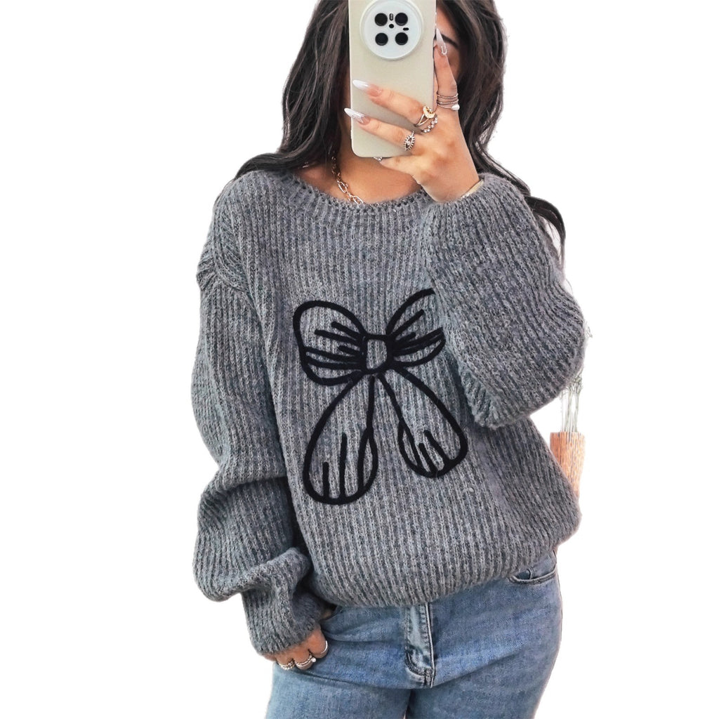 Simple Casual Bow Embroidery Decoration Knitted Long Sleeve Sweater
