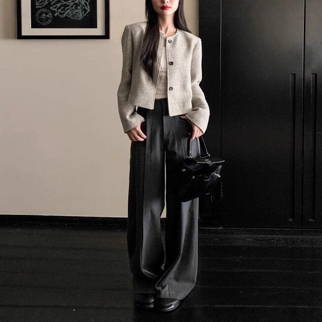 Retro Crew Neck Single Row Top Striped Loose-fitting Short Coat