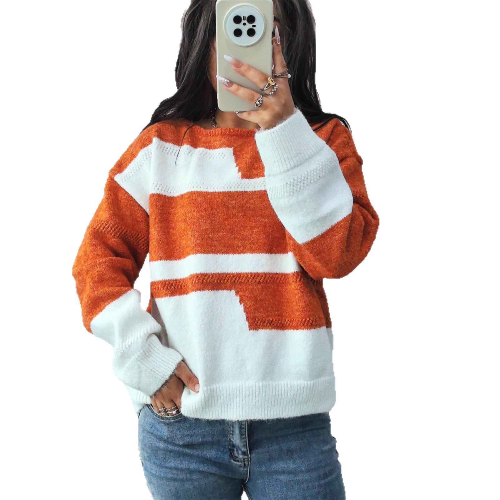 Simple Commute Irregular Contrast Color Round Neck Long Sleeve Sweater