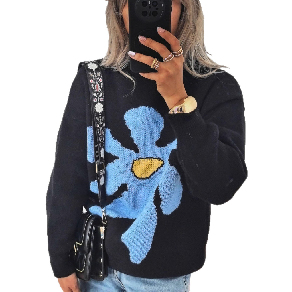 Casual Loose Knitted Round Neck Large Flower Jacquard Contrast Color Sweater