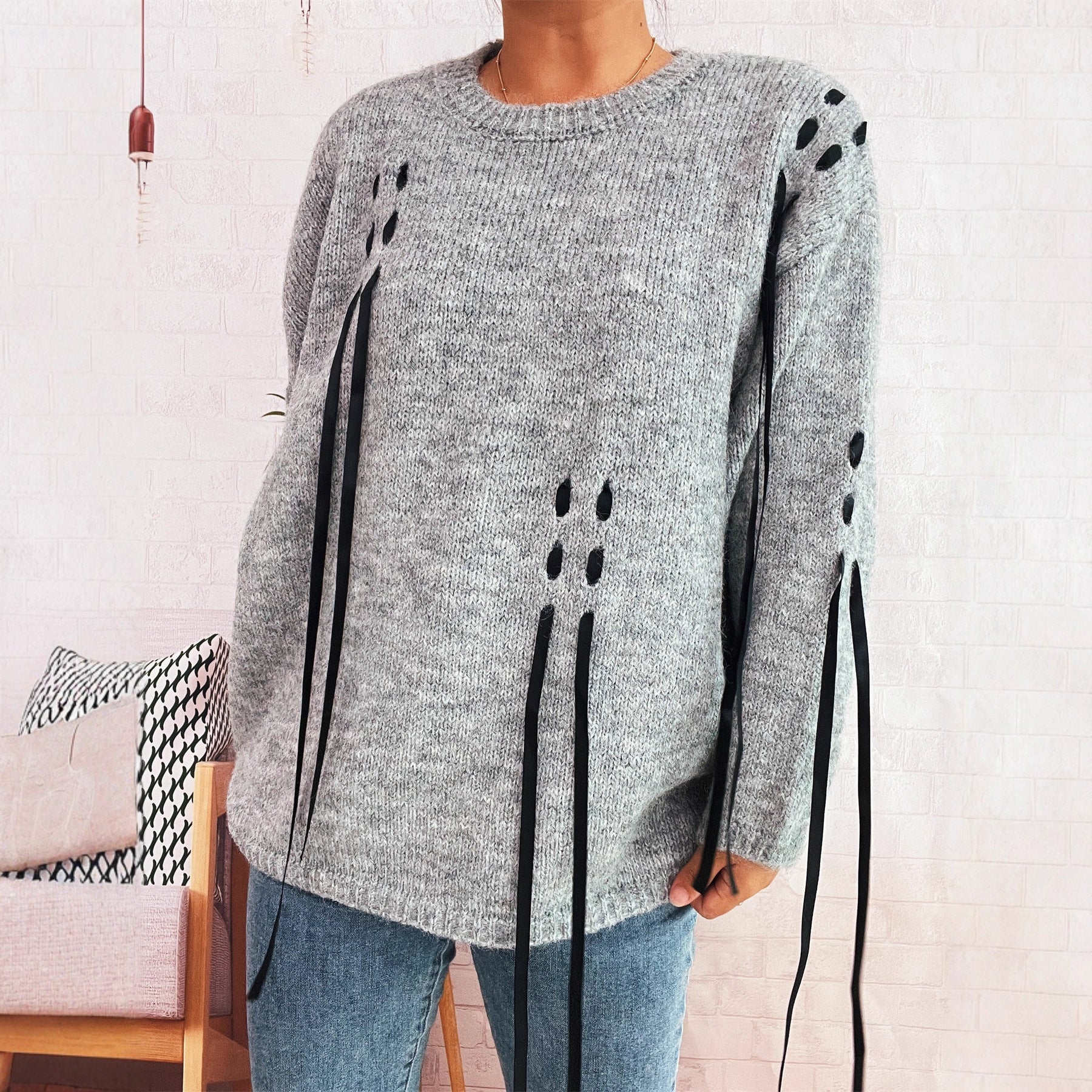 Handmade Lace-up Knitted Round Neck Long Sleeve Loose Sweater