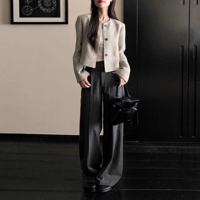 Retro Crew Neck Single Row Top Striped Loose-fitting Short Coat