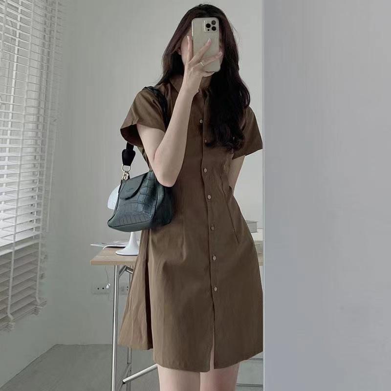 Simple Temperament Lapel Single Breasted Waist Slimming Small Size Dress