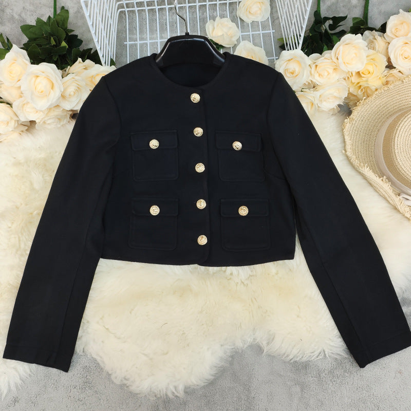 Women's Round Neck Pure Color All-matching Woolen Short Jacket
