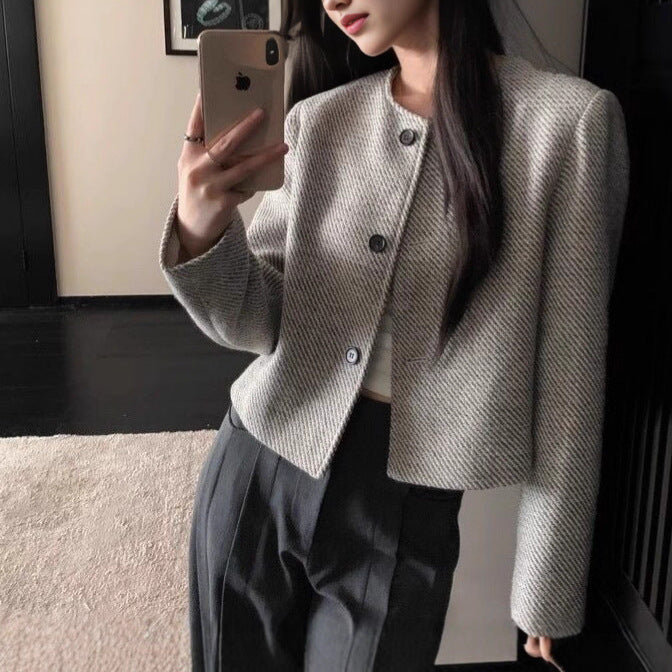 Retro Crew Neck Single Row Top Striped Loose-fitting Short Coat