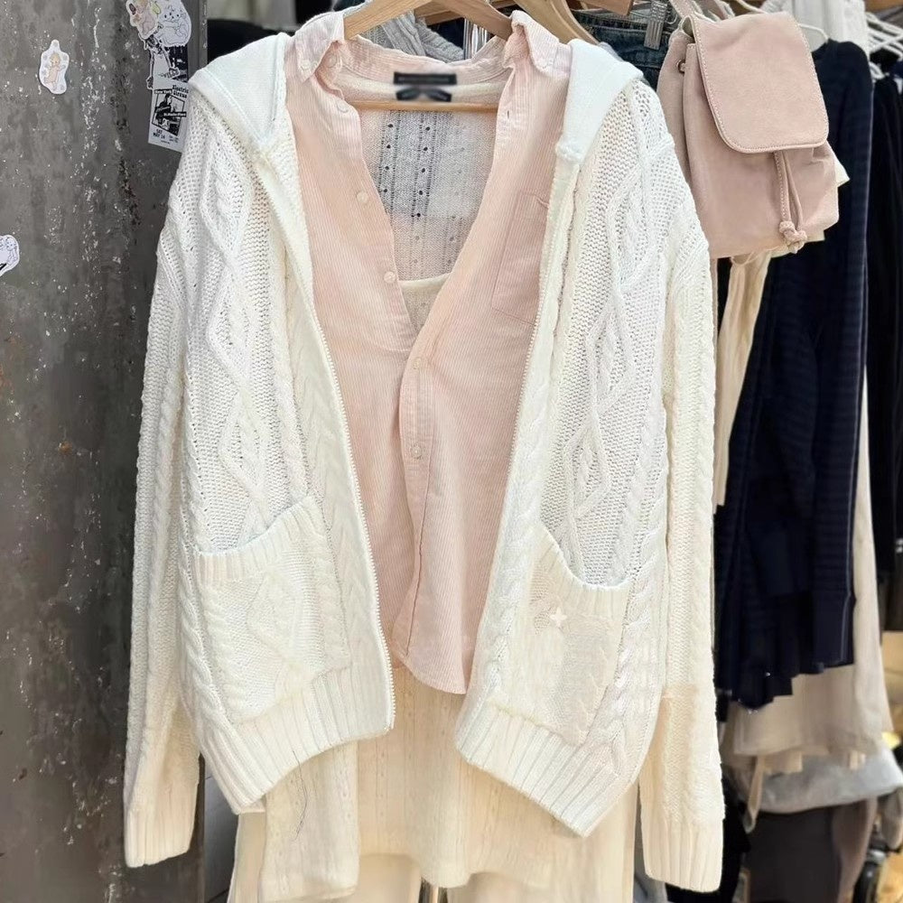 Retro Twist Hooded Women's Loose-fitting Versatile Sweater Zipper Jacket