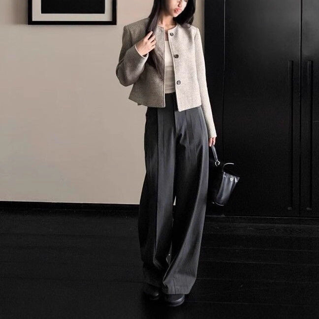 Retro Crew Neck Single Row Top Striped Loose-fitting Short Coat