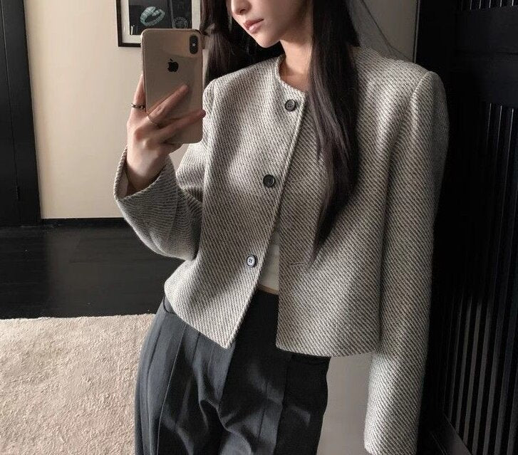 Retro Crew Neck Single Row Top Striped Loose-fitting Short Coat