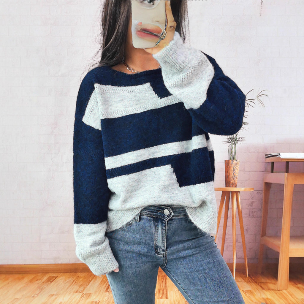 Simple Commute Irregular Contrast Color Round Neck Long Sleeve Sweater